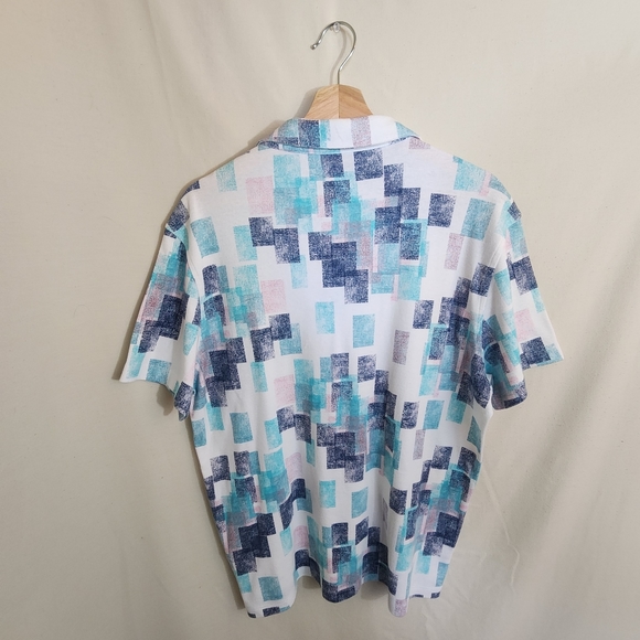 ALFANI Blue & White Square Print Collared Mid Button Short Sleeve Polo Shirt L - Picture 5 of 8